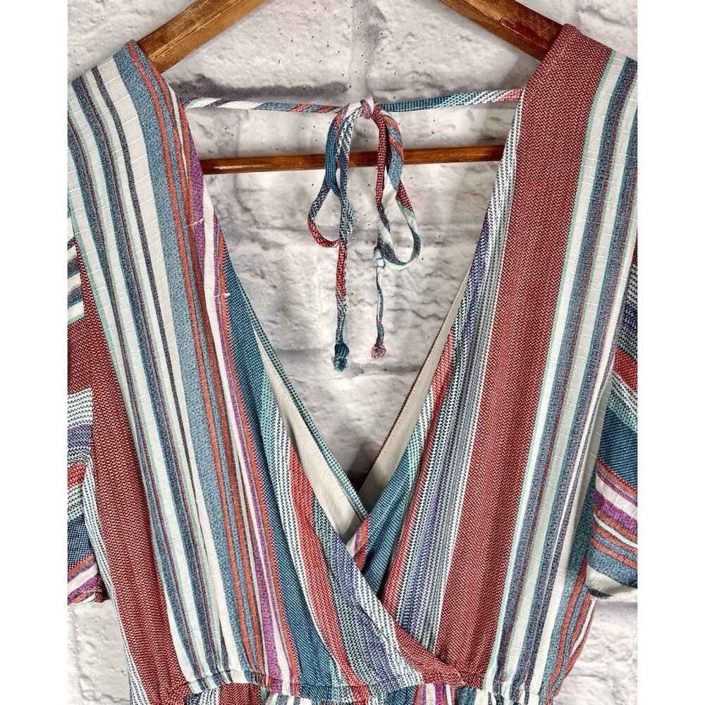 MI AMI Women's Teal Red Stripe Double V-Neck Romper Small - Picture 3 of 6